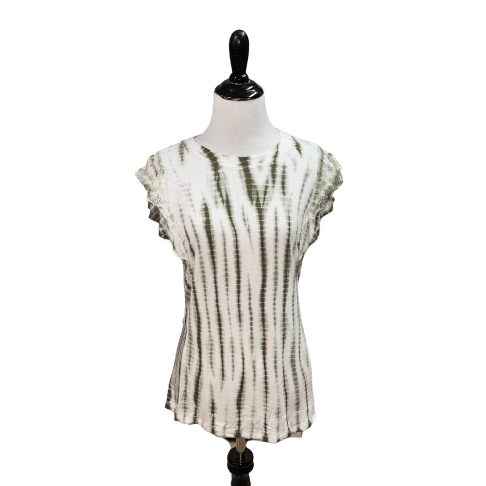 Knox Rose Women's Size XS Fitted Top Tie-Dye Ruffle Sleeves Lace Green
